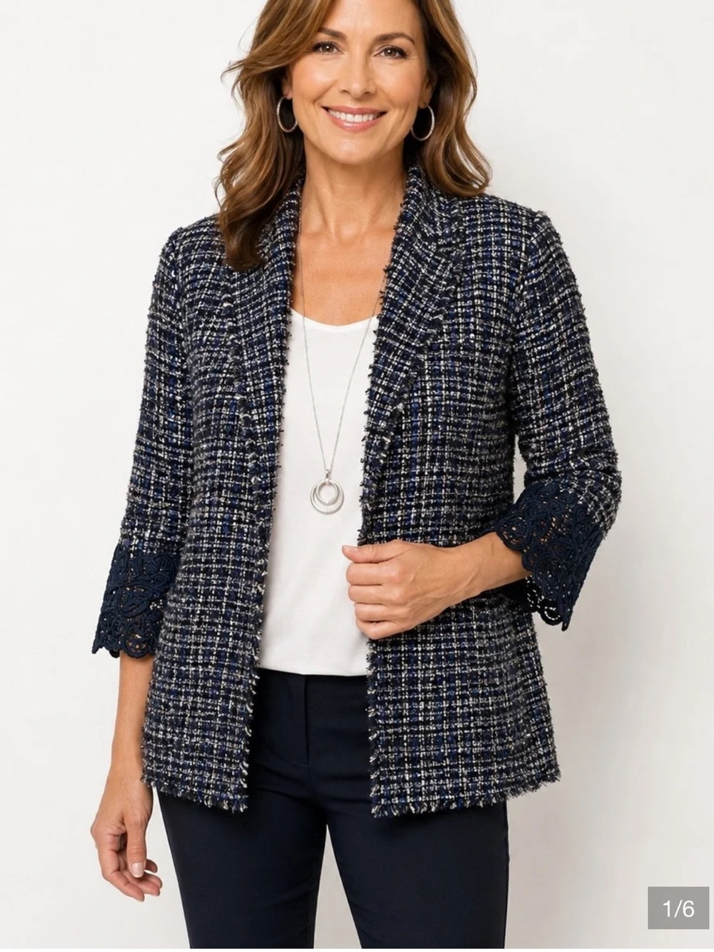 Chicos’s Tweed Lace Cuff Jacket Blue